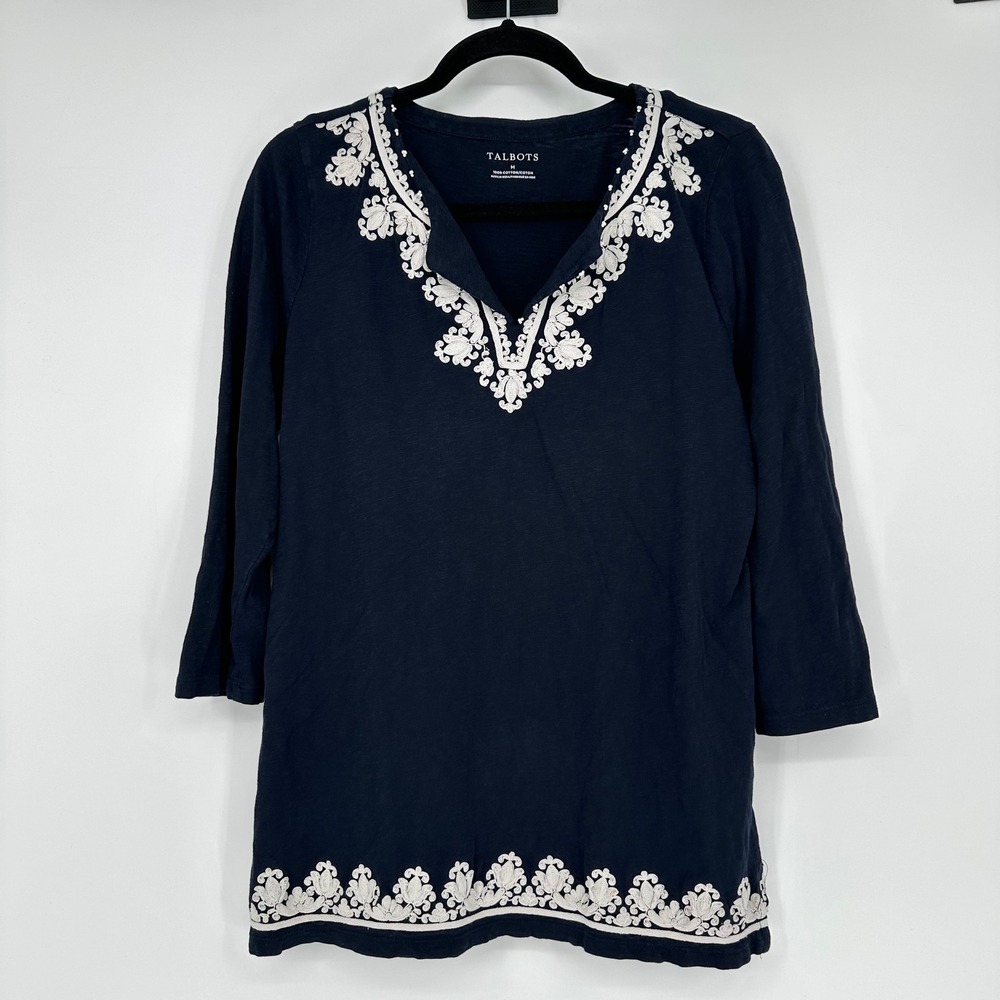 Talbots Navy Blue Split Neck Embroidered Tunic Top Coastal Summer Casual M